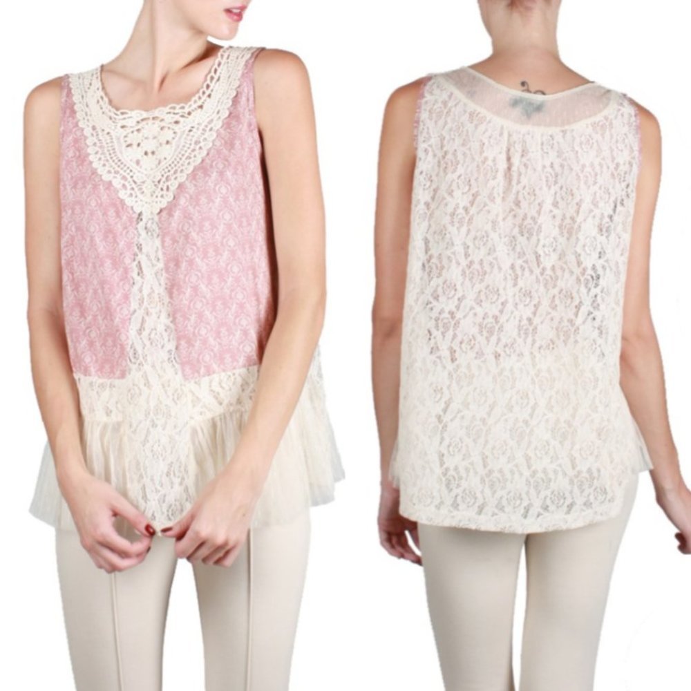 Ryu Pink Ivory Sleeveless Lace Crochet Detail Top
